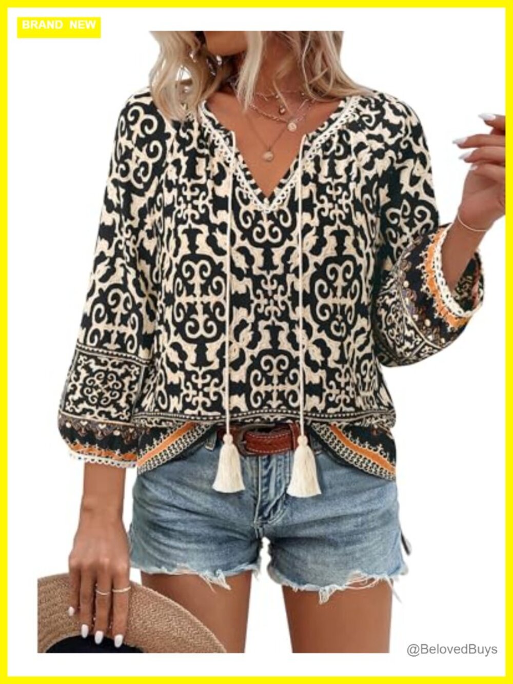 Womens Boho Floral Blouse V Neck 3/4 Lantern Sleeve Tie Front Flowy Top